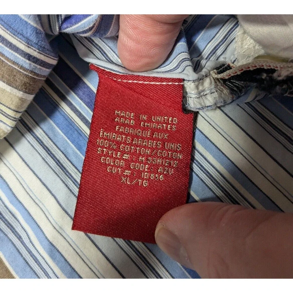 GUESS Covered-Placket Men XL‎ Blue Brown Yellow Striped Cotton Button Shirt